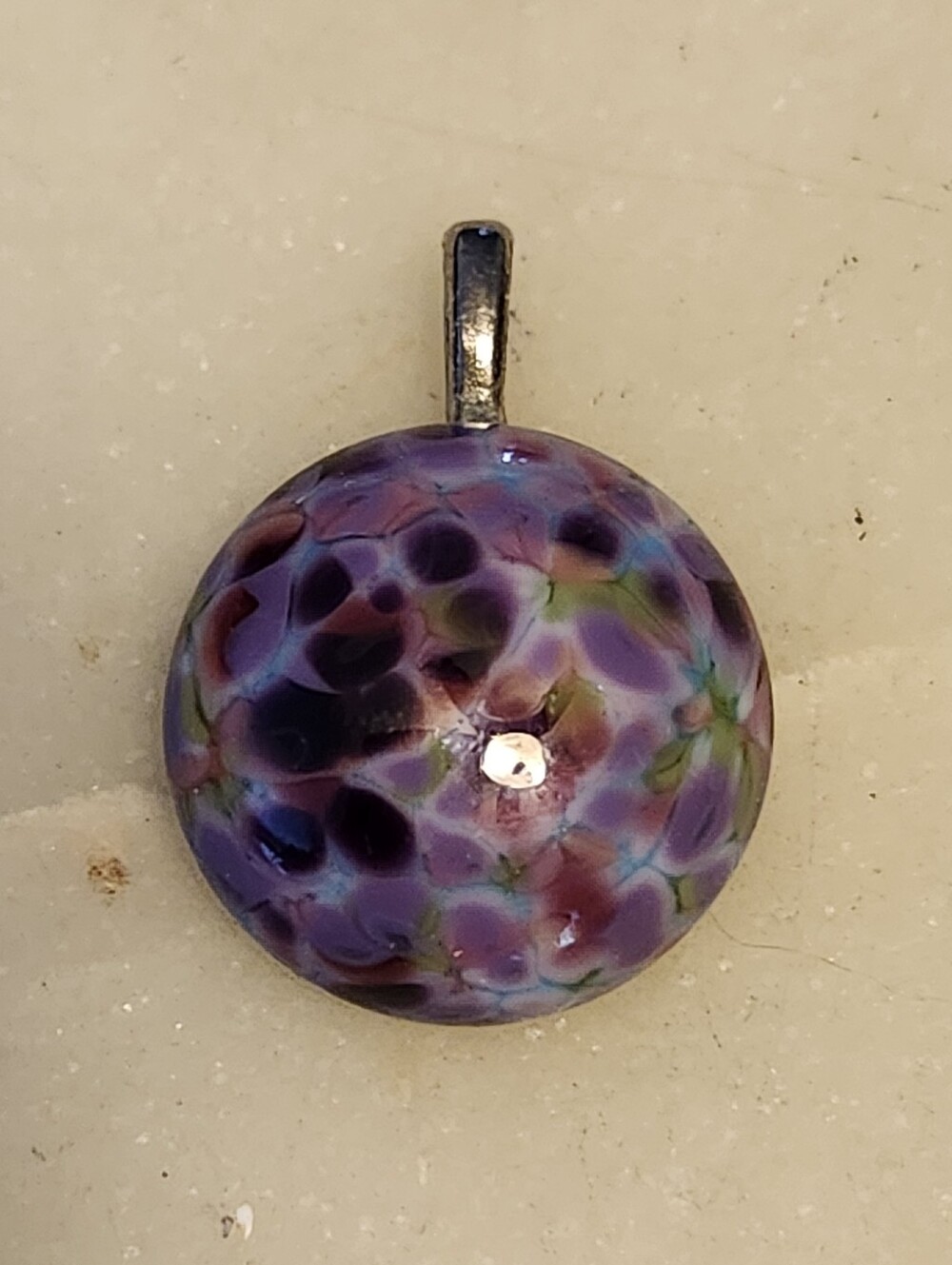Handmade Art Glass Domed Purple Floral Pendant